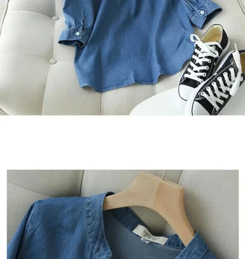 Blue Denim Lyocell Casual V-Neck Blouse