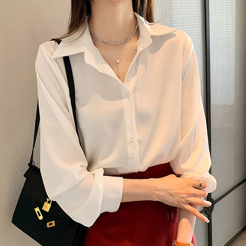 Women Shirts Spring Autumn Casual Chiffon Shirt Office Lady Fashion Female Long Sleeve Loose Solid Blouse Tops S-4XL