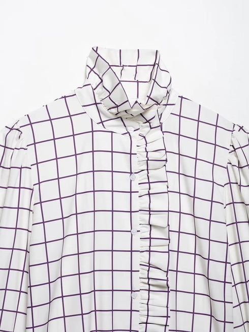 Elegant Purple Plaid Ruffled Blouse for Women