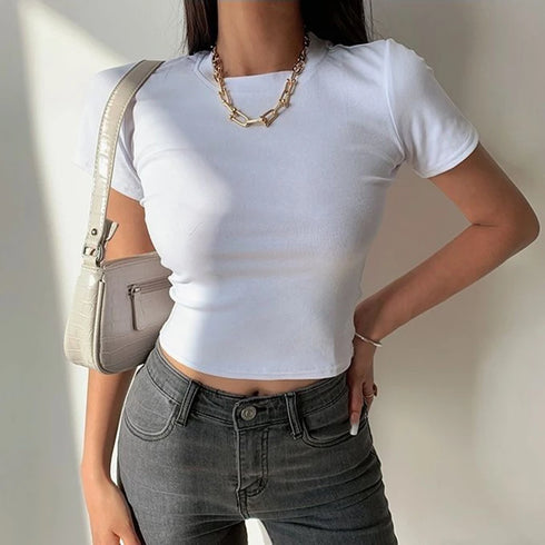 Short Sleeve T-Shirt Women Casual Soft Crop Tops Tees Summer Fashion Skinny Black White All-Match