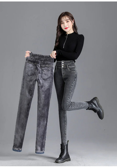 High-Waisted Fleece-Lined Slim Jeans for Women