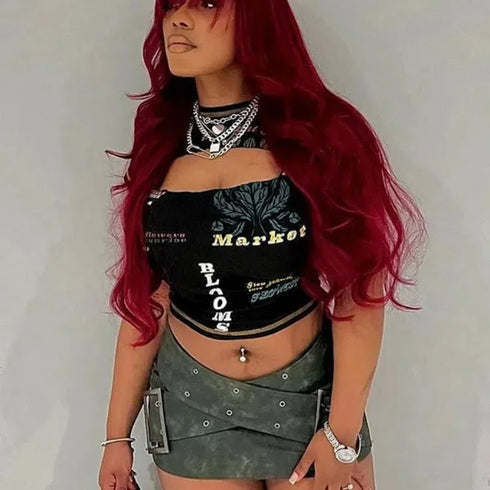 Hollow Out Black Crop Top with Letter Print