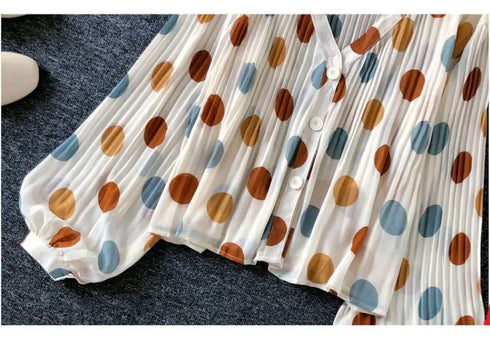 Polka Dot V-Neck Chiffon Blouse with Lantern Sleeves