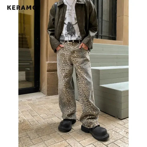 Leopard Print Wide Leg High Waist Denim Trousers