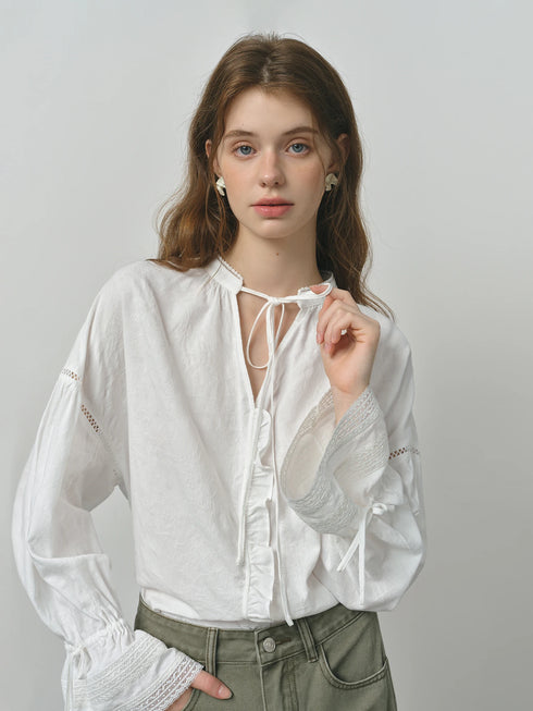 Lace-Up V-Neck Long Sleeve Casual Shirt for Women
