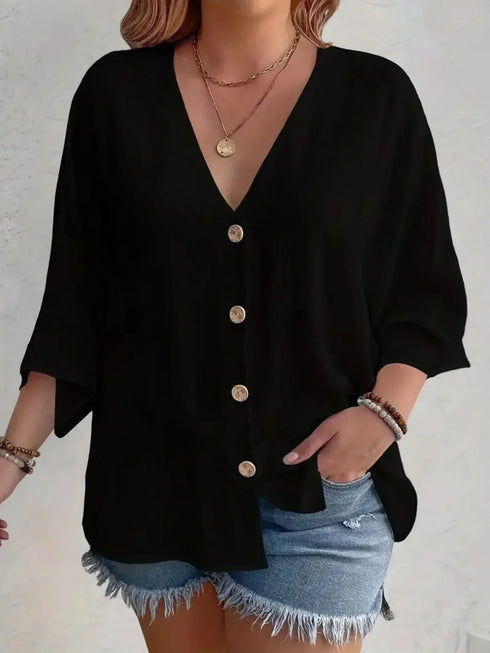 Women's Plus-size T-shirt Solid Color Breathable Spring/summer V-neck Button Travel Casual Wear with European and American Style
