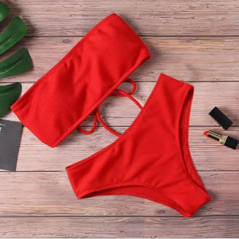 Strapless High Waist Bikini Set in Red