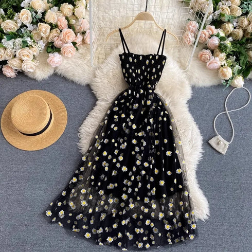 Floral Print Spaghetti Strap Mesh Party Dress