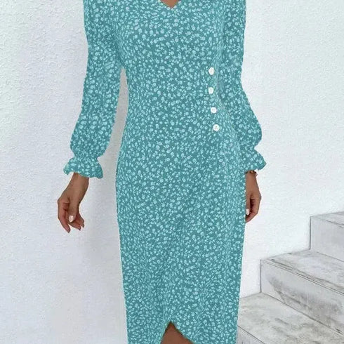 Elegant Floral Pleated Midi Dress with V Neck Puff Sleeves