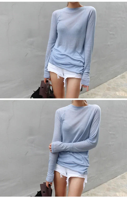 Casual Long Sleeve T-Shirt in Blue and Navy