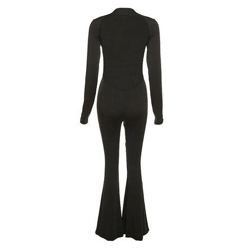 Women’s Black Flare Leg Jumpsuit with Long Sleeves