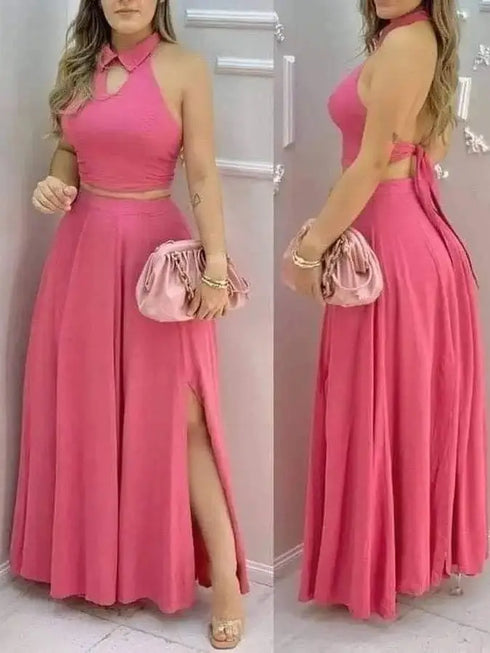Women's Pink Two Piece Halter Collar Crop Top & Maxi Skirt