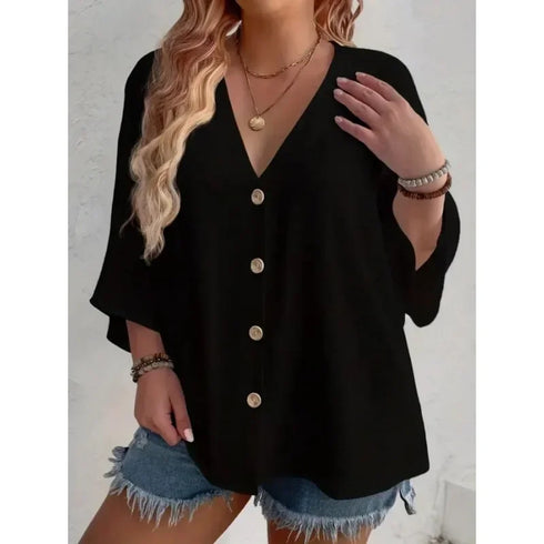 Women's Plus-size T-shirt Solid Color Breathable Spring/summer V-neck Button Travel Casual Wear with European and American Style