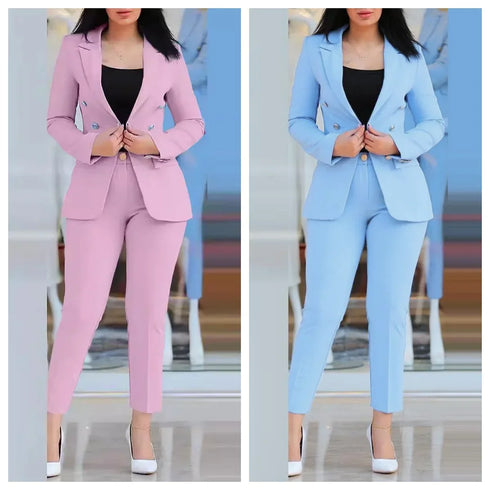 Notched Neck Blazer & High Waist Pants Set for Women