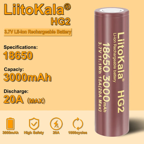 LiitoKala 3.7V 18650 HG2 3000mAh Lithium Batteries