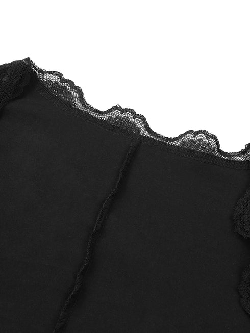 New Women´s Crop Tops, Long Sleeve Solid Color Jagged V Neck Lace Hem Button Down Slim Fit Shirt