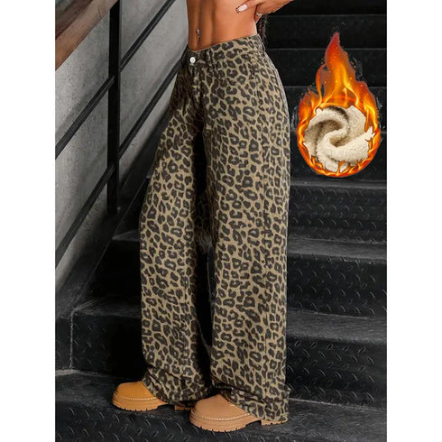 Slim Fit Leopard Print Thermal Jeans for Women