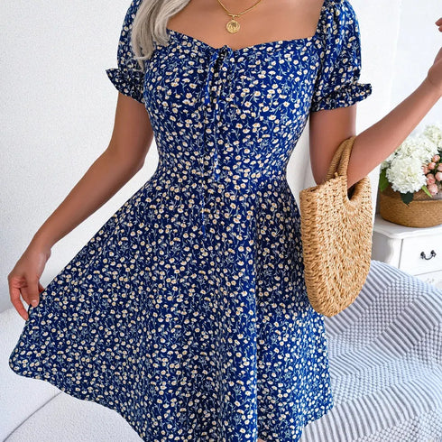 Floral Print A-Line Dress with Ruffled Sleeves