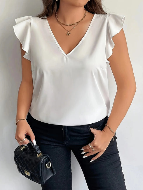 Plus Size Women's White Satin Blouse with Ruffle Sleeves