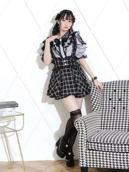 Noemi Inspired Ruffle Bow Top - Japanese Dark Femme Off-Shoulder Blouse, Lace Trim Bell Sleeve Shirt for Yami Kawaii & Lolita