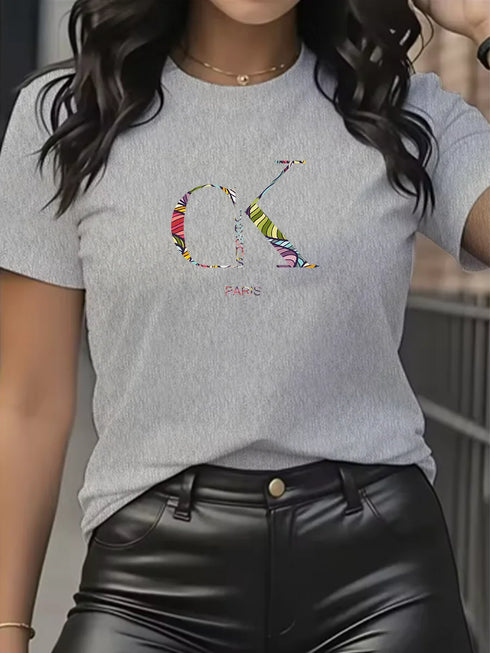 Y2K Cartoon Letter Print Crew Neck T-Shirt for Women
