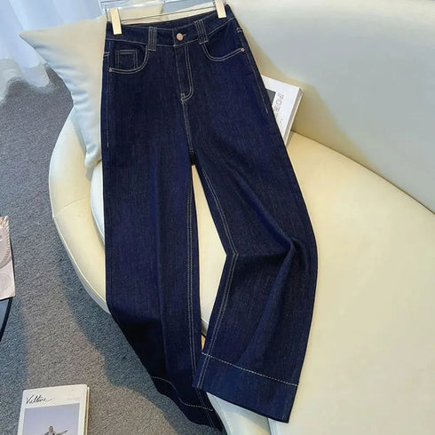 High Waisted Wide Leg Denim Trousers in Navy Blue