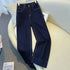High Waisted Wide Leg Denim Trousers in Navy Blue