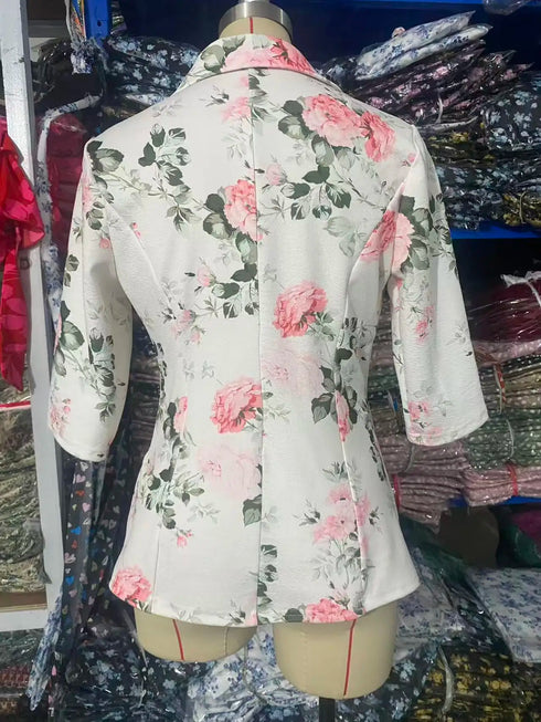 Floral Printed Autumn Blazer with Three Quarter Sleeves
