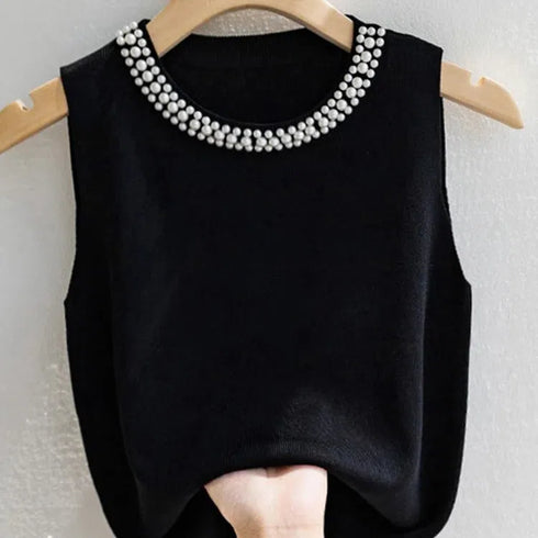 Korea Knitted Vests Women Top Solid Sleeveless Beading Tank