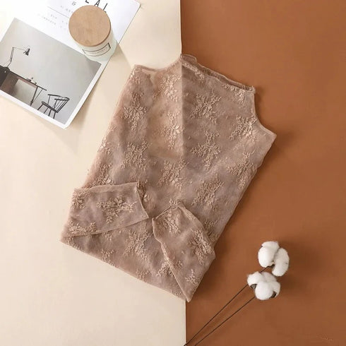 Women's Turtleneck Mesh Top with Long Sleeves
