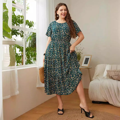 Plus Size Floral Bohemian Ankle-Length Dress