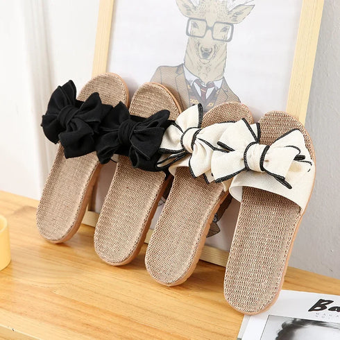 Women's Summer Casual Slides with Striped Bow Detail