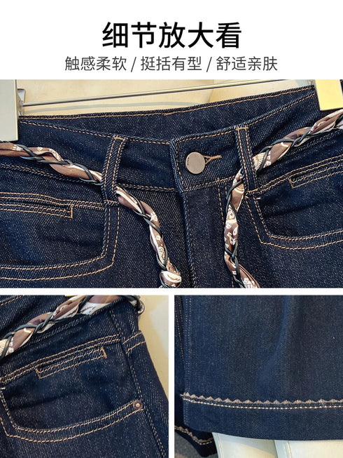 Wide Leg Denim Jeans with Scarf Belt