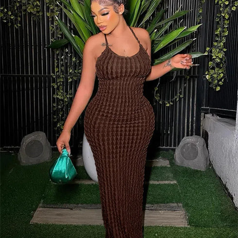 Kliou Solid Ruched Maxi Dress - Backless Bodycon Style