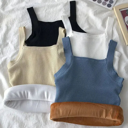 Autumn Winter Fleece Knit Tank Tops Women Thin Strap Sleeveless T-Shirt Female Backless Basic Tops Camis Lady Casual Solid color