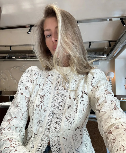 White Lace Hollow Out Blouse for Women
