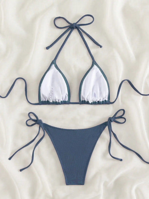 Blue Grid Pattern Bikini Set for Women