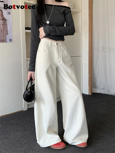 Botvotee White Baggy High Waisted Jeans for Women