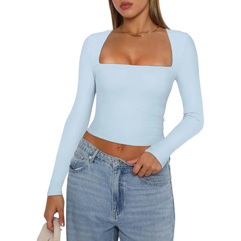 Women's Slim Fit Crop Tops Fashion Long Sleeve Square Neck Solid Color Pullover Basic T-Shirt Dressy Blouses 2024 New Streetwear