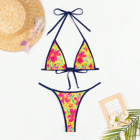 Floral Lace-Up Bikini Set for Women