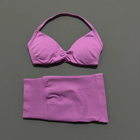 HISTELLO Women's Seamless Yoga Set with Strappy Bra and Shorts