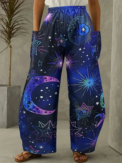 Abstract Star and Moon Print Wide-Leg Pants