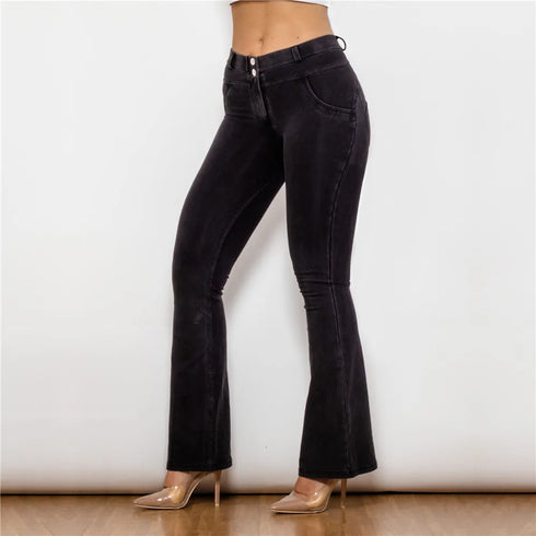 Ladies Distressed Black Flare Jeans