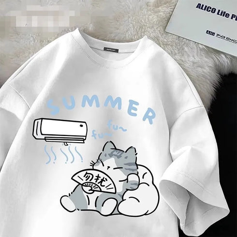 Summer Japanese Cartoon Cute Cat Funny Printed Short-sleeved T-shirt for Ladies and Boys Same Loose Casual Large-size Top