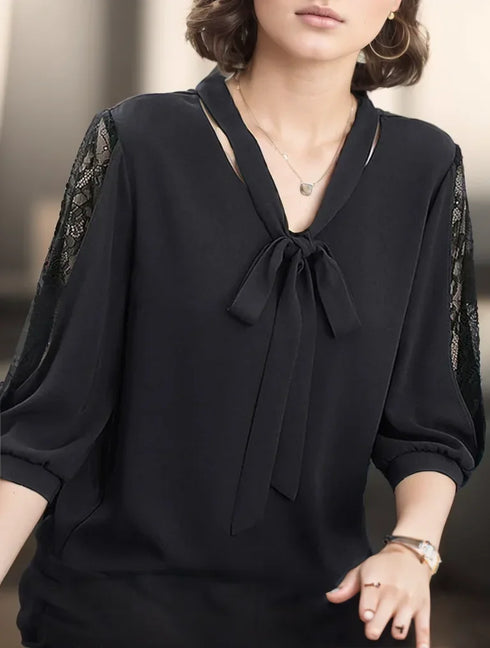 Casual Bow Tie Collar Blouse with Lace Sleeves