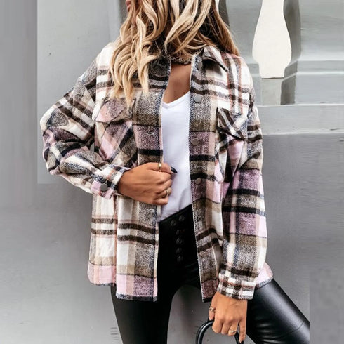 Women's Woolen Plaid Shirt Jacket - Vintage Streetwear