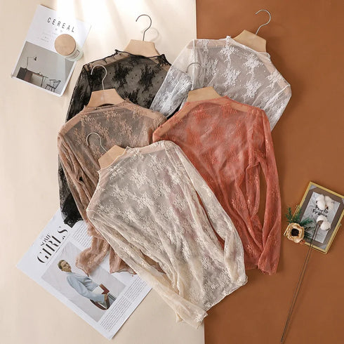 Sheer Lace Long Sleeve Blouse with Floral Design