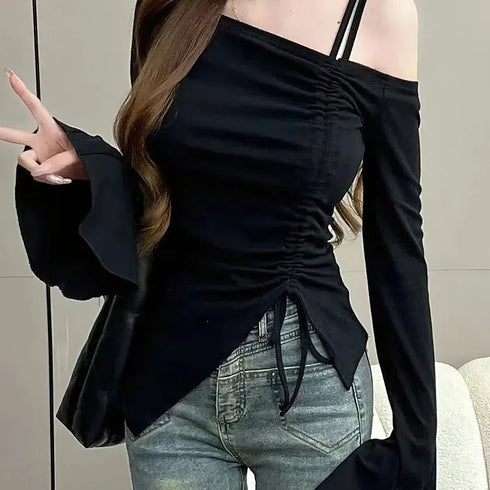 Chic Off Shoulder Long Sleeve Top with Flare Sleeves