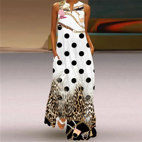 Fresh Floral Print Summer Open Neck Long Dress V-neck Sleeveless Beach Dress with Pockets