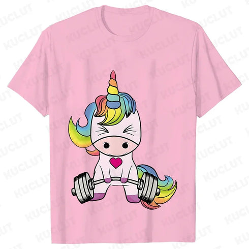 Whimsical Unicorn Weightlifting T-Shirts for Women | Trendy Fitness Graphic Tees for Summer Workouts